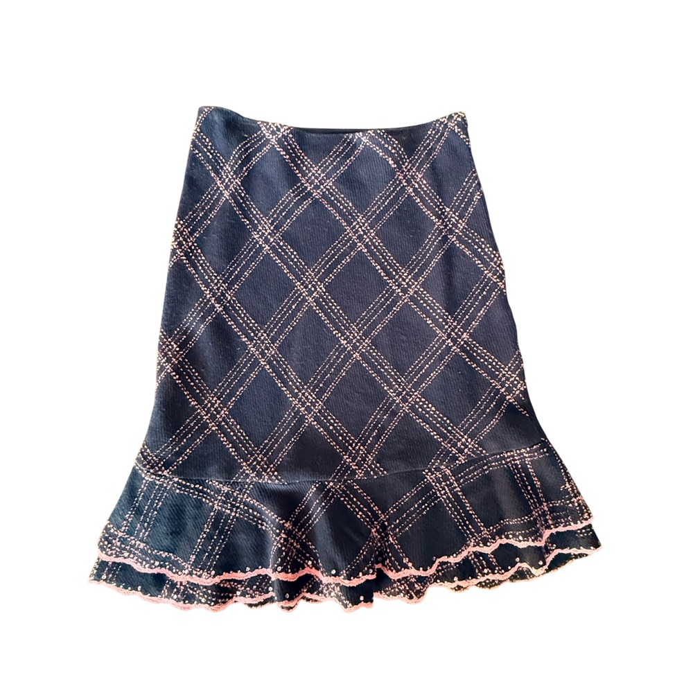 ECI New York Vintage Black Pink Diamond Ruffle Hem Midi Skirt Sequin Trim Sz 4